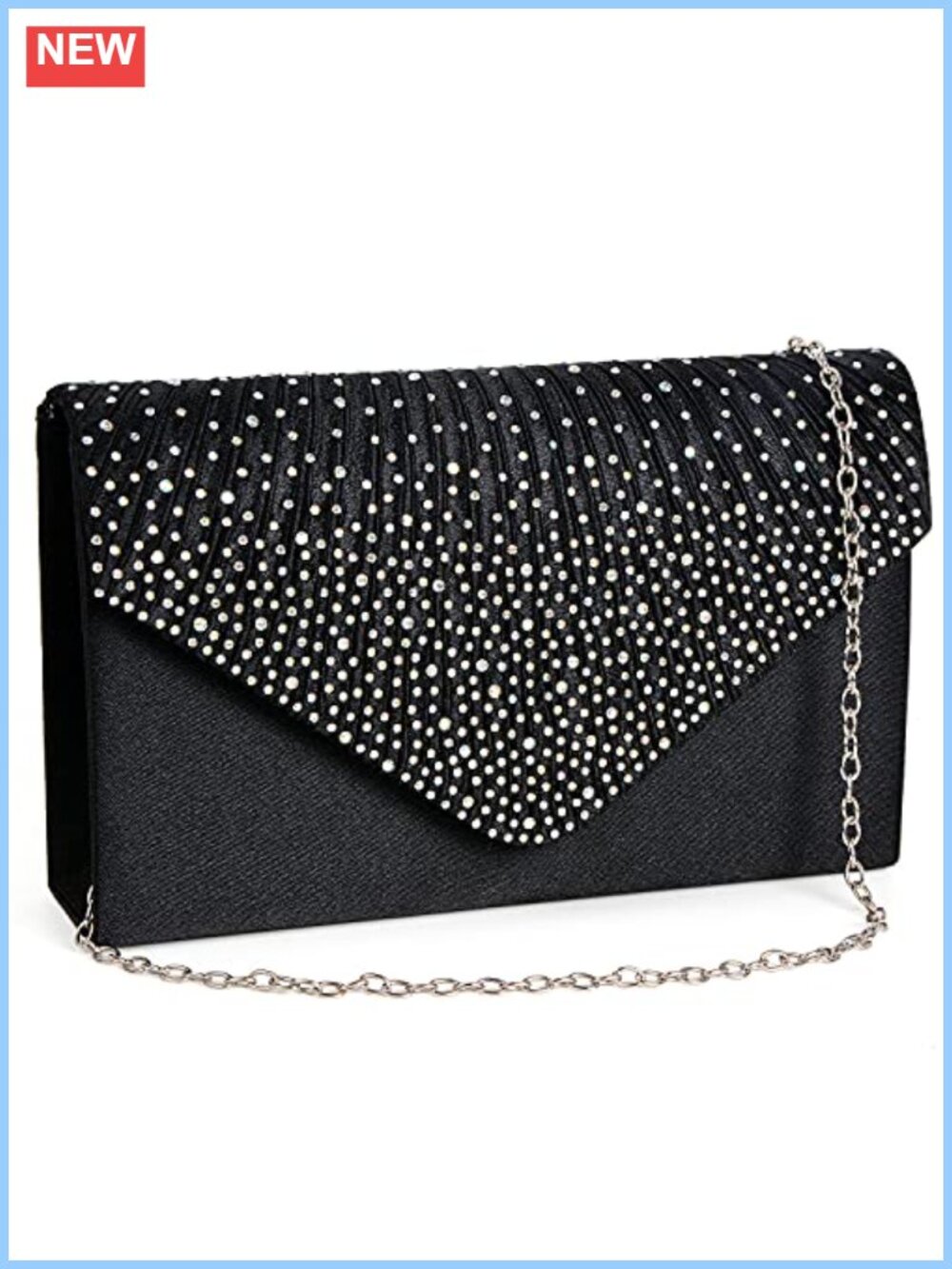 Satin Pleated Rhinestone Evening Clutch Crossbody Bag with Detachable Chain